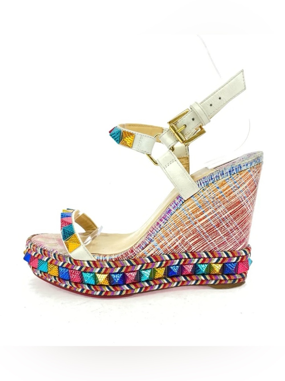 CHRISTIAN LOUBOUTIN Pyraclou Colorful Spike Bead Wedge Red Bottom Heels Sandals - Picture 5 of 9